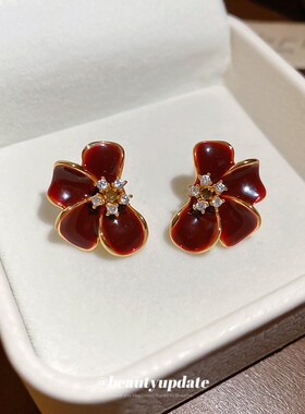 红色花朵锆石耳环女秋冬高级感轻奢耳钉独特漂亮耳饰日常通勤耳钉