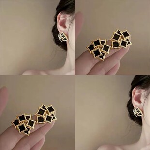 多层法式复古金属滴釉立体艺术方形耳环女轻奢高级感耳钉气质耳饰