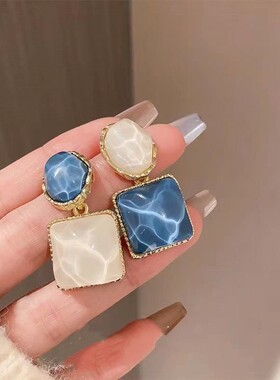 s925银针不对称方形冰块质感耳坠耳环撞色透明立体耳钉高级感耳饰