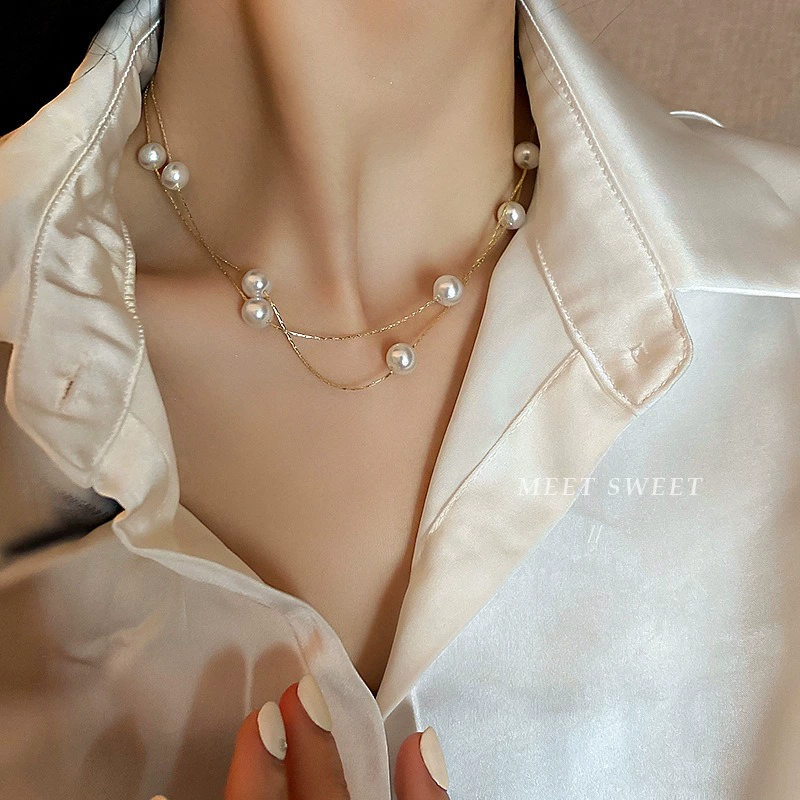 双层叠戴珍珠项链女个性风小众