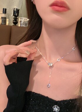 银色钛钢项链饰品女小蛮腰锆石项链女百搭小众毛衣链流苏吊坠颈链