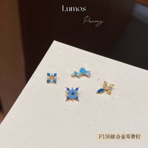 Lumos 暮色蓝 镀金宝蓝F136内螺旋钛合金耳钉耳骨钉Flat钉 T205