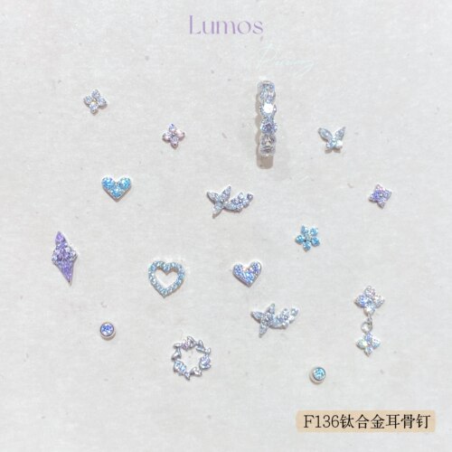 Lumos Lira系列 镀白金浅海蓝内螺旋F136钛合金耳钉耳骨钉耳圈