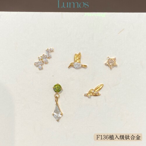 Lumos 春之序系列镀金飞鸟月桂叶内螺旋F136钛合金耳钉Flat钉免摘