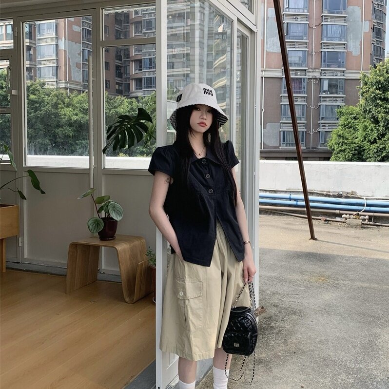 2026款温柔风套装黑色气质短袖衬衫女夏季高腰显瘦半身裙两件套