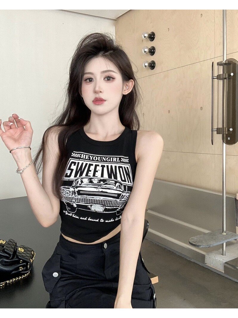 黑色字母运动背心女夏外穿2026新款美式辣妹无袖工字短款打底上衣