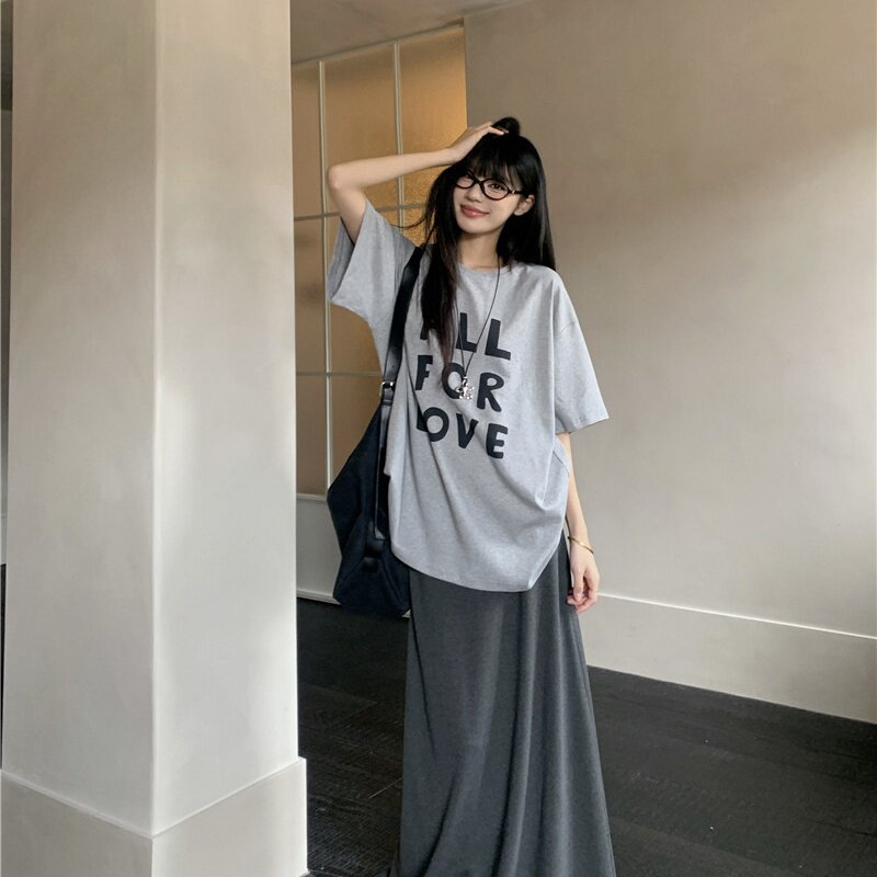 2025夏季新款宽松慵懒风字母印花T恤垂感半身裙长裙女两件套chic