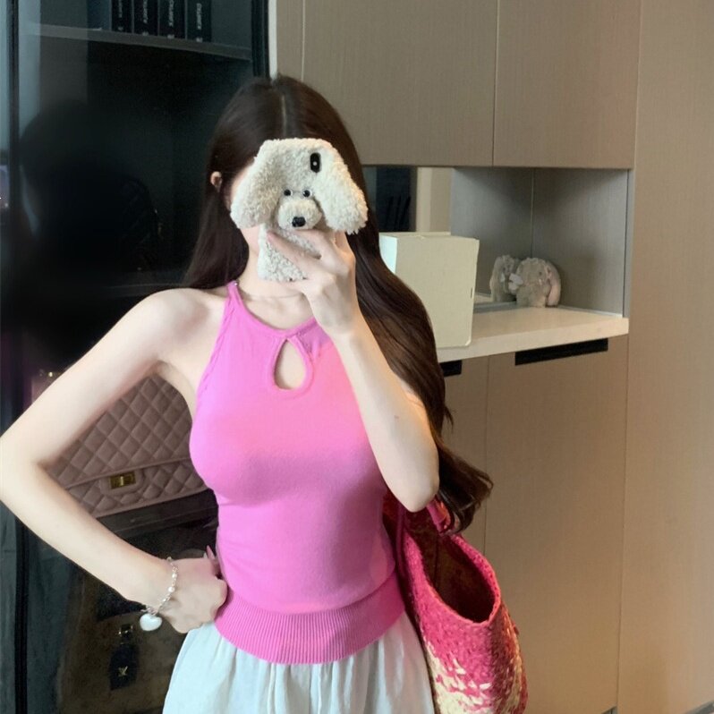 粉色镂空脖吊带背心女夏季纯欲风修身显瘦辣妹短款针织上衣外穿