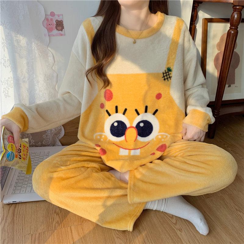 女士冬季珊瑚绒加厚保暖睡衣套装