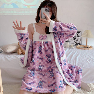 睡衣冬季加厚加绒女小个子睡袍吊带睡裙珊瑚绒法兰绒外套紫色套装