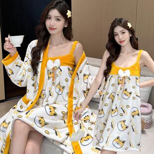 珊瑚绒睡衣女秋冬季新款加绒薄绒毛毛绒法兰绒薄款睡袍浴袍家居服