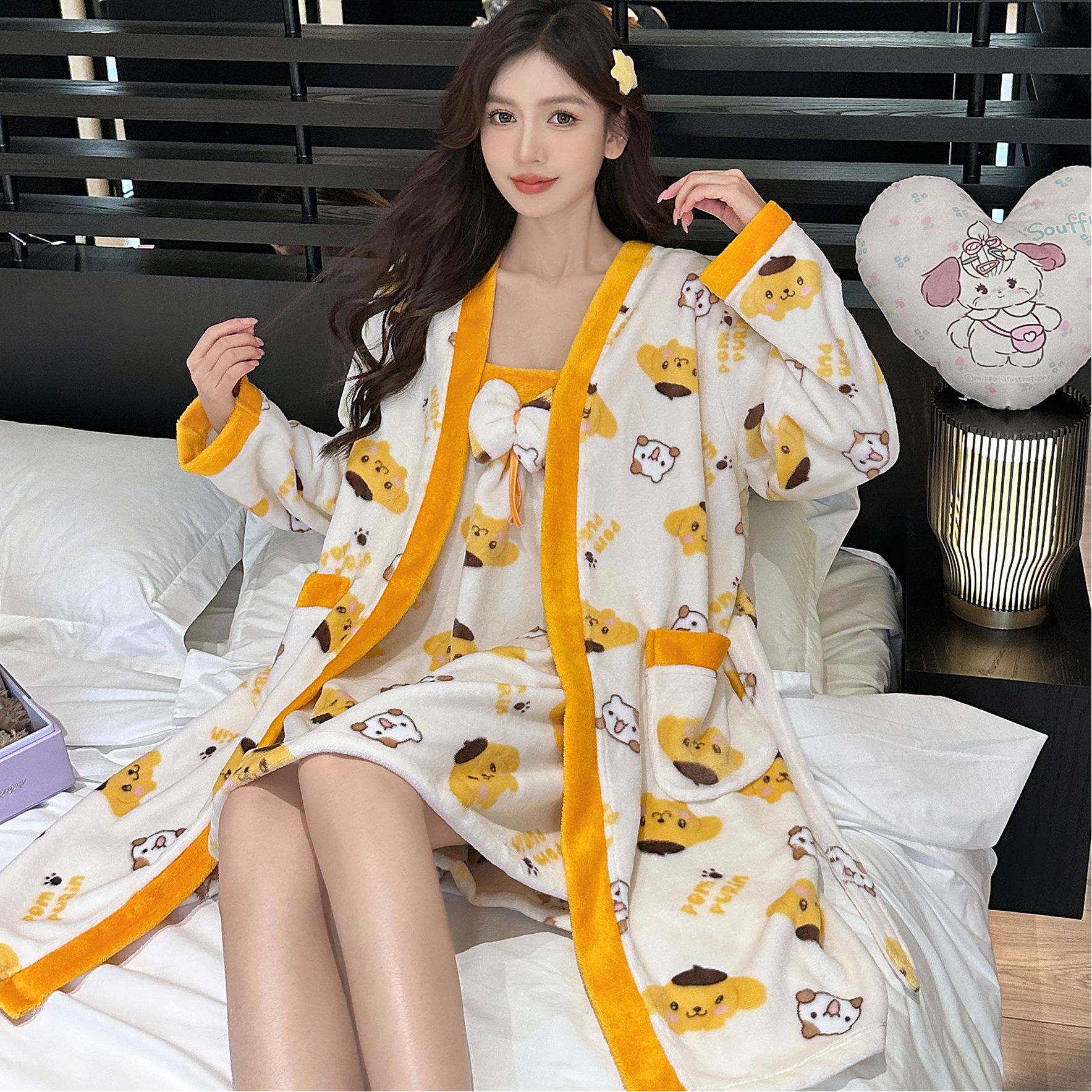 睡袍女款2025新款冬高级感小个子薄绒法兰绒可爱睡裙浴袍长款睡衣