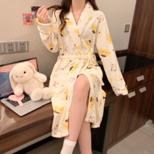 睡袍女士加厚秋冬季珊瑚绒毛法兰绒长袖小个子浴袍家居服睡衣中长
