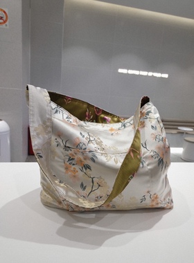 魚家的袋子双面背新中式花鸟提花斜挎单肩容量大女士包袋