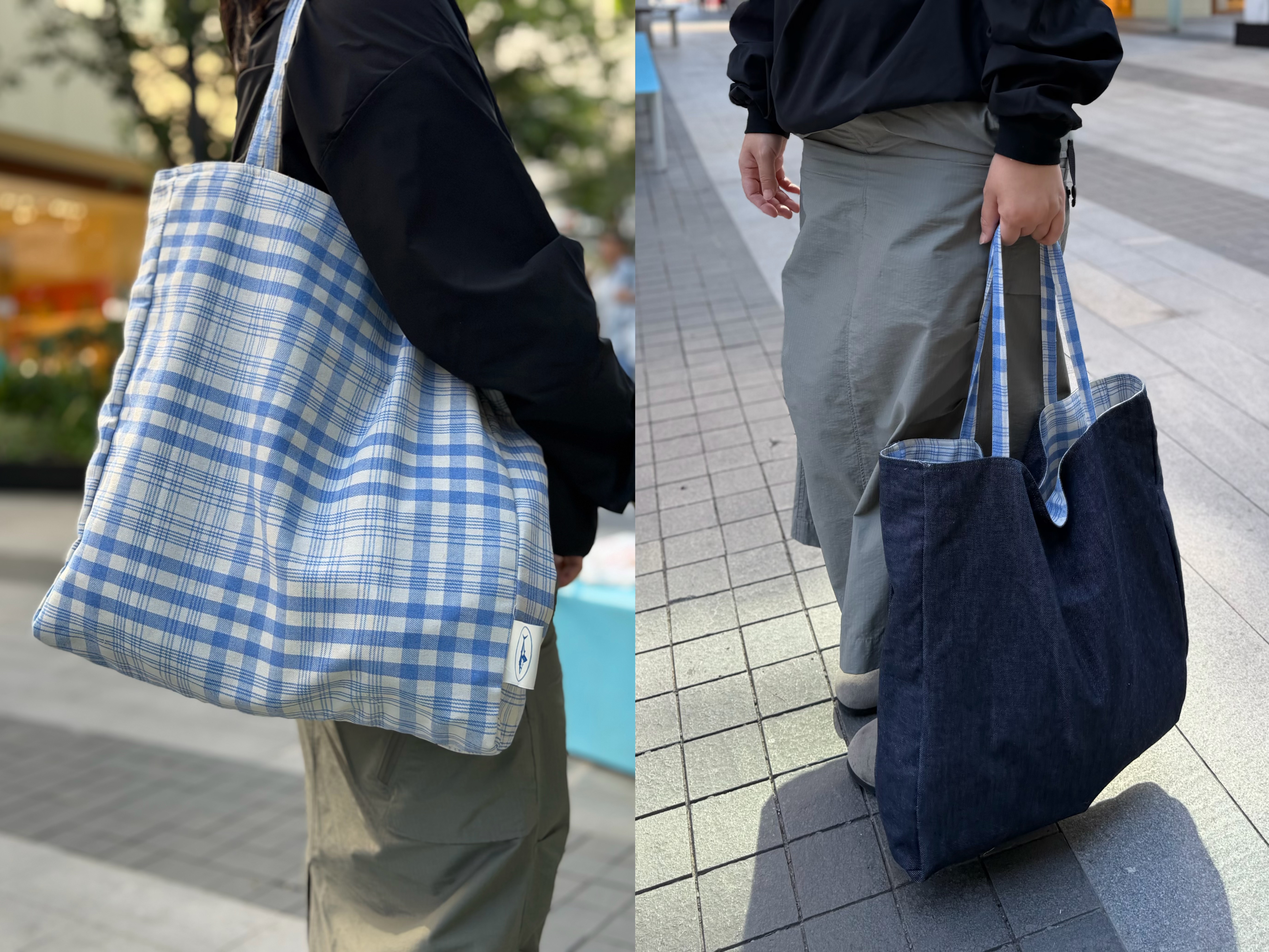 鱼家的袋子大容量双面背牛仔格子单肩包托特包大布袋包两用包
