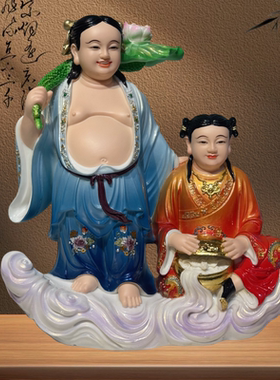 和合二圣神像和睦祝福家用夫妻礼品摆件汉白玉瓷像祝福佛像