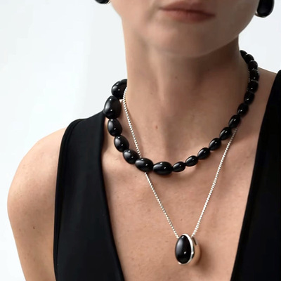 黑曜石渐变串珠项链OT扣穿搭小众复古简约百搭时尚高级感项饰