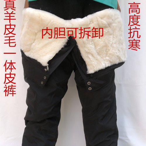 남성과 여성을위한 겨울 모피 일체형 안감 순수 울 바지 중년 및 노인  양피 내한성 따뜻한 가죽 바지 하이 웨이스트면 바지