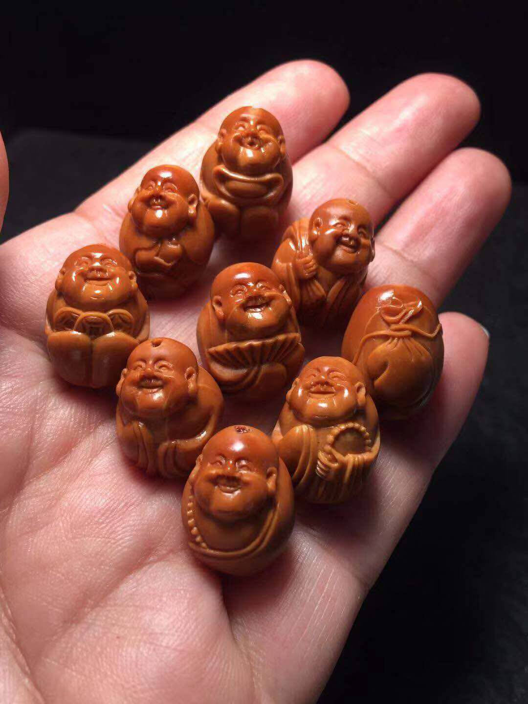 苏工核雕 纯手工橄榄核雕 八宝小弥勒佛手串