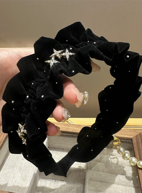 闪闪星星褶皱发卡头箍女高级感黑色气质芒星外出百搭气质发箍A453