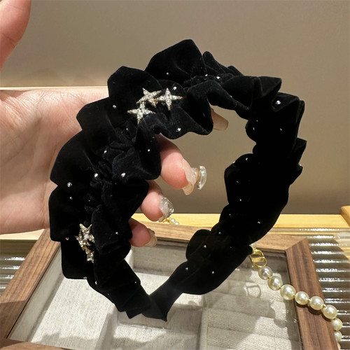 闪闪星星褶皱发卡头箍女高级感黑色气质芒星外出百搭气质发箍A453