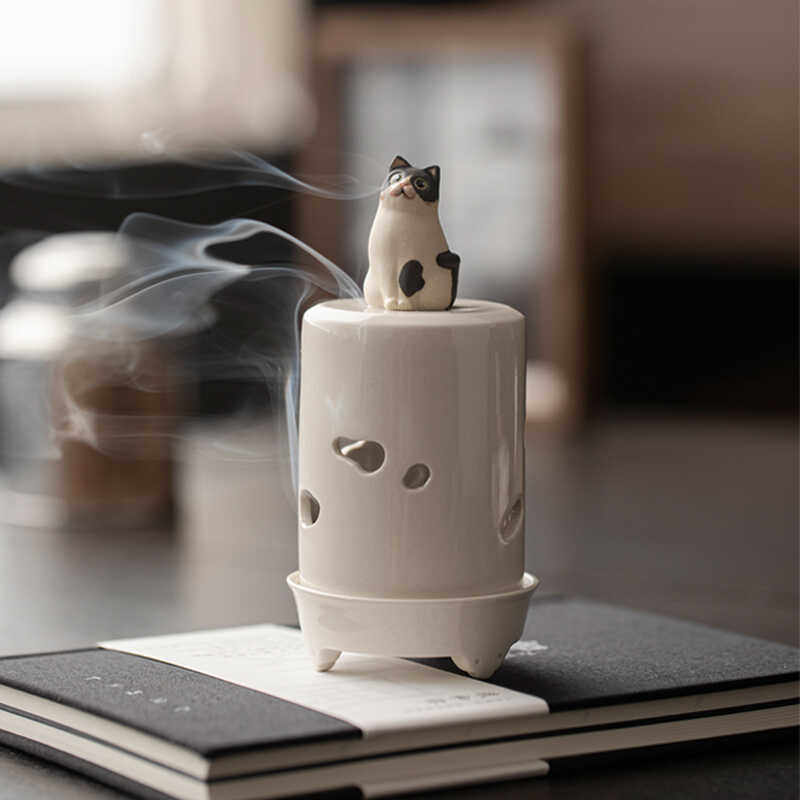 草木灰盘香炉弈白陶瓷猫咪香薰炉