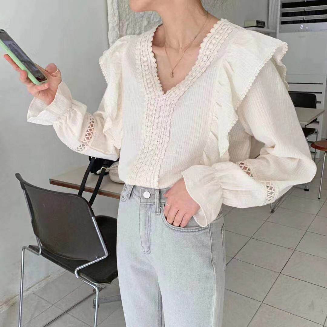 现货爆款 韩国东大门代购女早春新 女木耳边喇叭袖超仙女衬衫衬衣