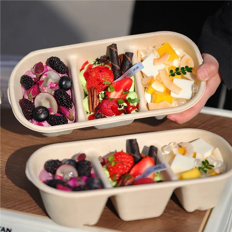 三格打包盒三味蛋糕餐盒茶歇便当盒野餐包装盒子纸浆三拼甜品盒子