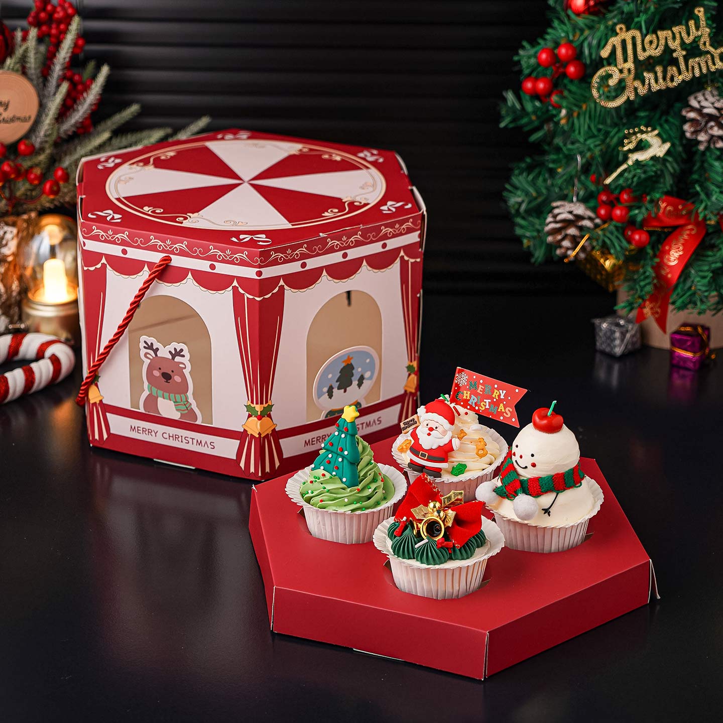 2026圣诞节纸杯蛋糕装饰六角形手提包装盒平安夜派对甜品装扮插件