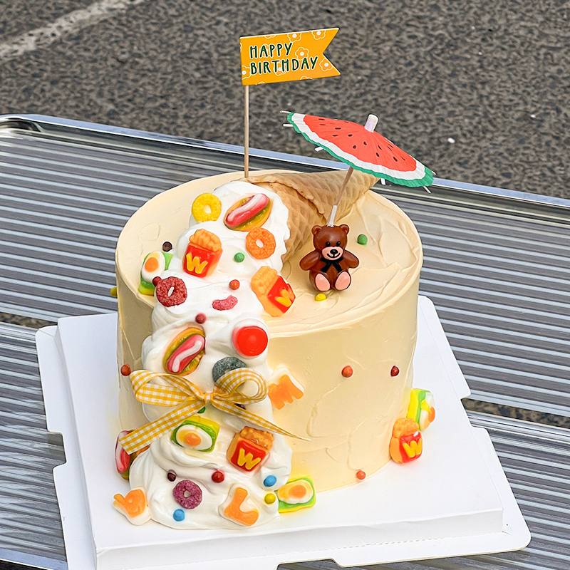 韩式ins风小熊蜡烛生日快乐小旗蛋糕装饰汉堡薯条橡皮糖甜品点缀