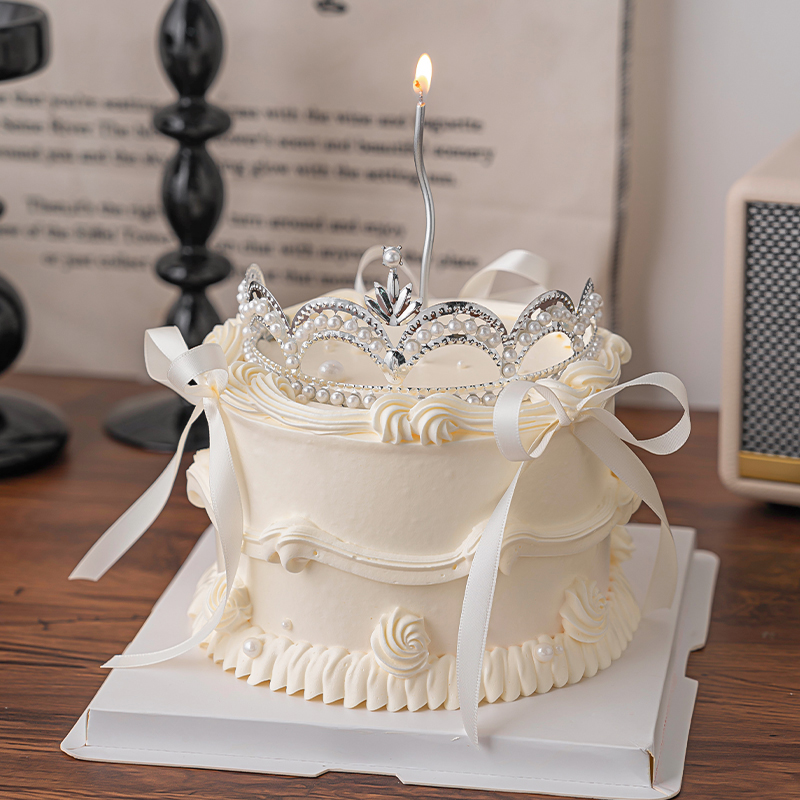 网红唯美蛋糕装饰珍珠皇冠摆件芭蕾风蝴蝶结丝带女神生日派对插件