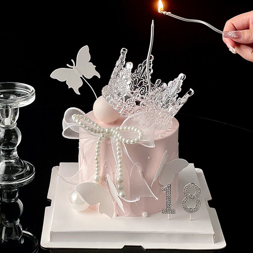 18周岁生日女生生日蛋糕装饰唯美水晶皇冠摆件珍珠蝴蝶结女神装扮