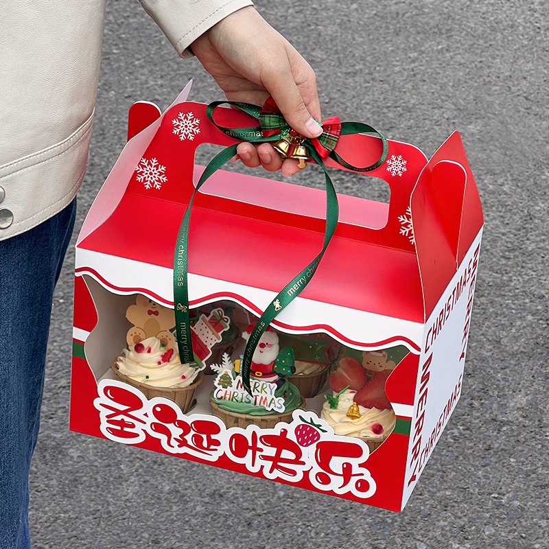 2026圣诞节快乐纸杯蛋糕装饰包装盒圣诞老人小熊插牌马芬杯手提盒
