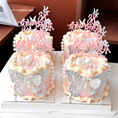 38女神节快乐蛋糕装 扮 饰亚克力插件双层珍珠蝴蝶三八妇女节烘焙装