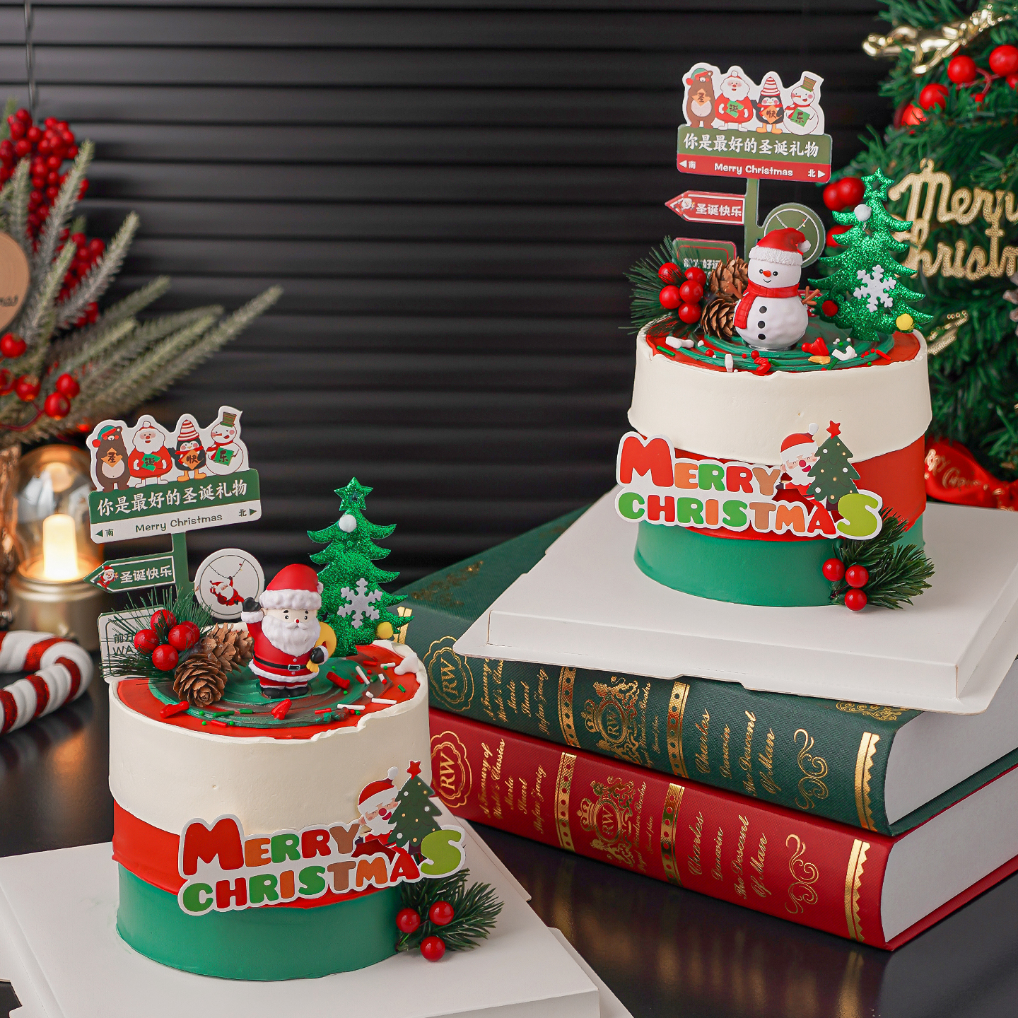 2026圣诞节快乐蛋糕装饰指路牌插件圣诞帽老人雪人节日甜品摆件