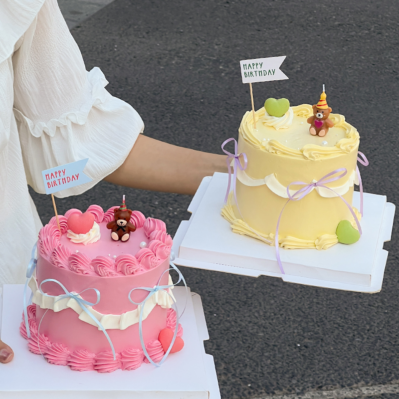 网红卡通小熊蜡烛生日蛋糕装饰插件happy birthday韩式ins风插牌