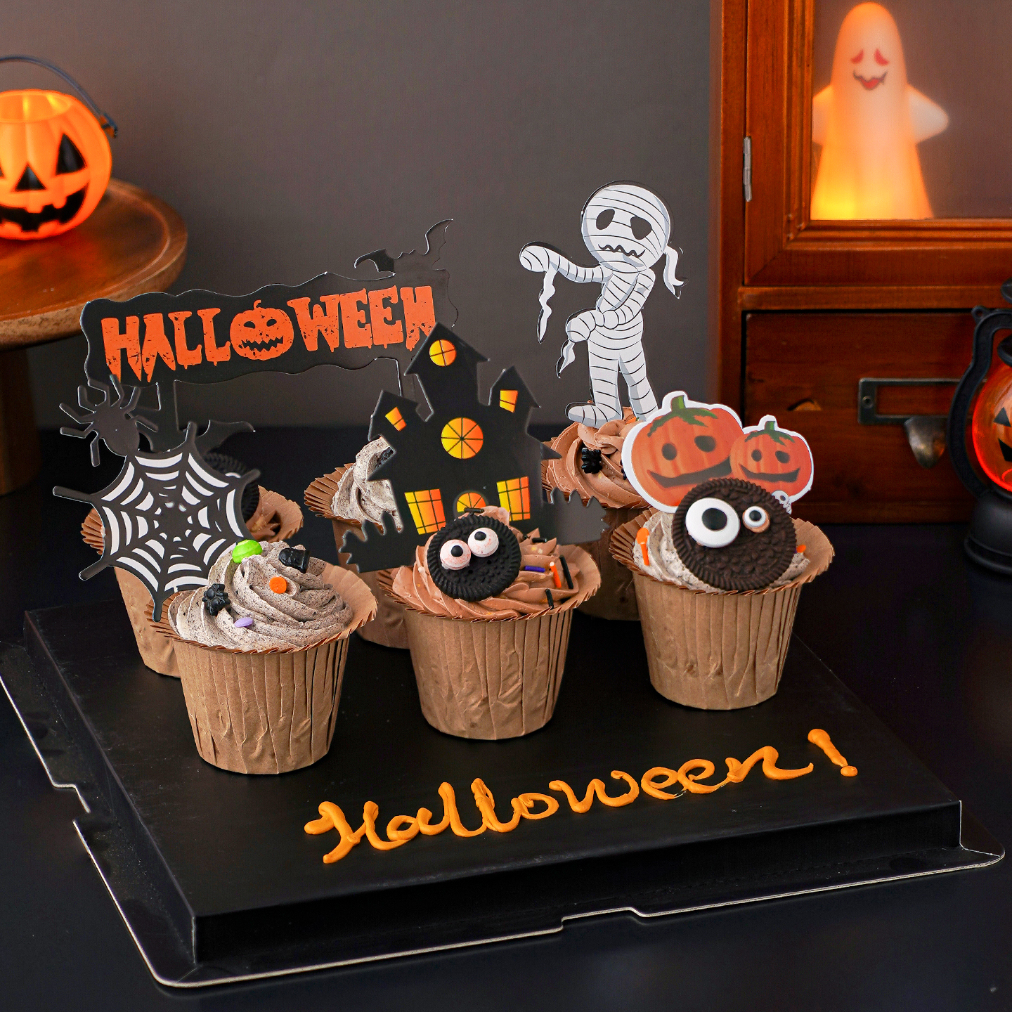 2025万圣节纸杯蛋糕装饰鬼屋蜘蛛网僵尸插牌节日派对眼睛糖珠插件