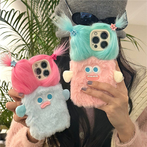搞怪毛绒扎辫子怪兽苹果手机壳