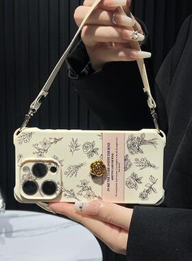 小众高级感素描皮质玫瑰花适用iPhone16promax手机壳苹果15Pro网红复古风山茶花14/13四角带挂绳12全包防摔XS