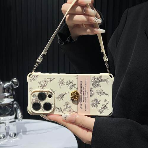 复古风素描山茶花四角挂绳TPU壳