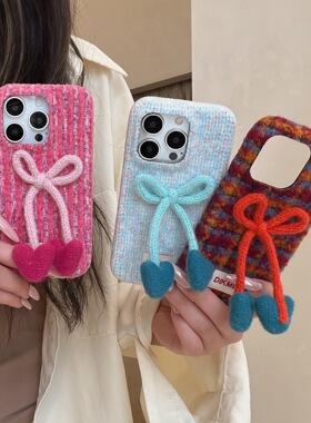 秋冬毛绒针织毛衣蝴蝶结适用iPhone16promax手机壳苹果15Pro可爱INS风14灯芯绒16半包硬壳14promax女款保护套