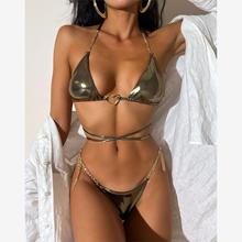过渡性感ZONE欧美外贸跨境比基尼烫金辣妹三点式泡温泉绑带游泳衣