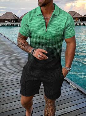 Casual Color Contrast POLO Zip Lapel Shirt Short Sleeve Suit