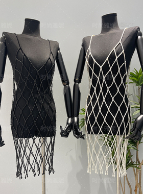 clothes women珍珠吊带连衣裙菱格外搭罩衣全手工串珠百搭沙滩度