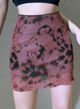 spliced thin mesh print skirt for women显瘦网纱印花半身裙女