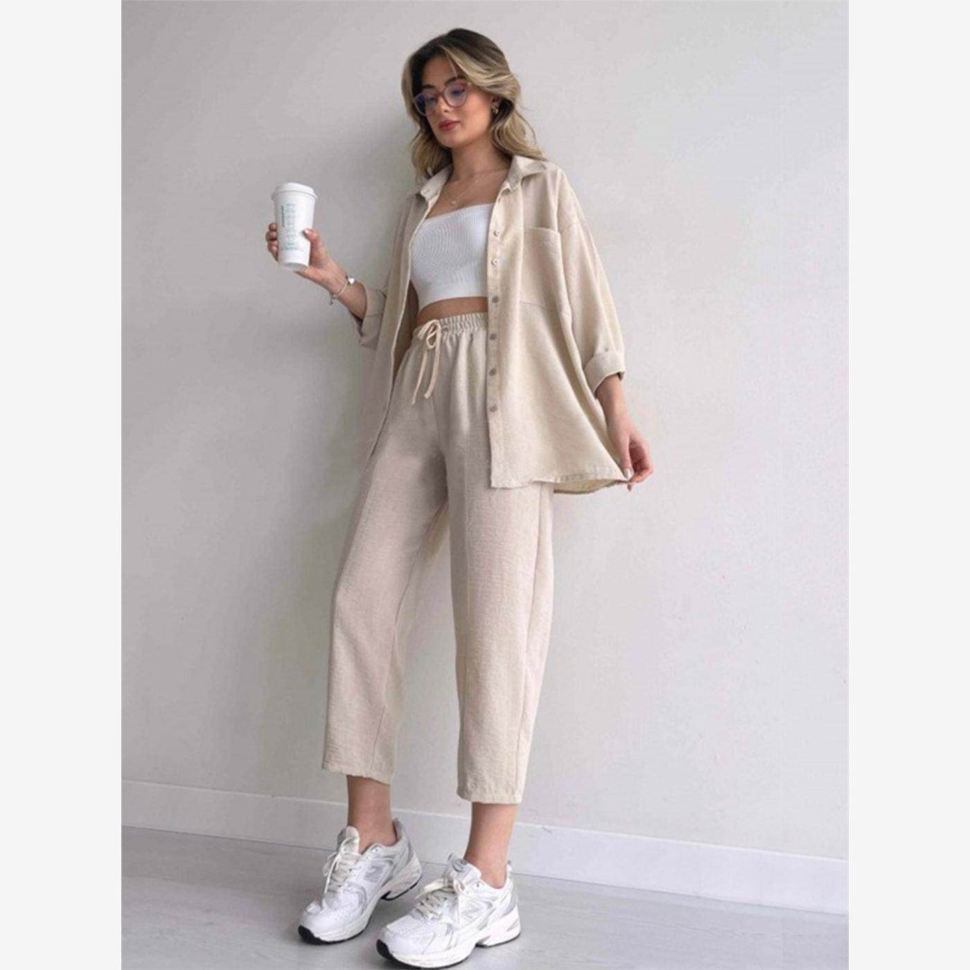 欧美大码女装2023新款秋季宽松休闲衬衫外套九分运动哈伦裤两件套