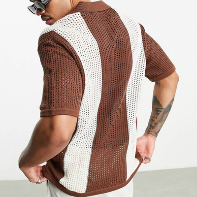 Men's knitted T-shirt 薄款镂空拼色针织衫休闲毛织套头Polo衫