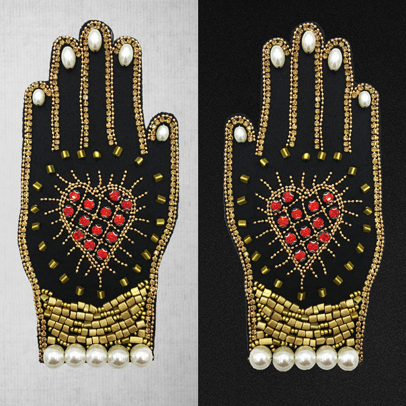 时尚手工刺绣金色手掌图案原创衣服布贴水钻串珠裤子包破洞补丁贴