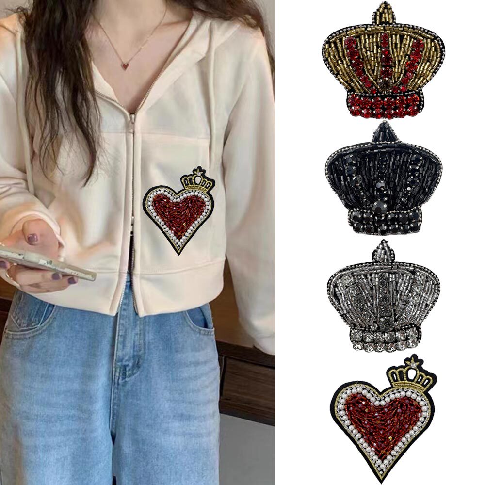 重工艺珠子爱心皇冠图案布贴 时尚手工水钻心包帽服装DIY装饰配件