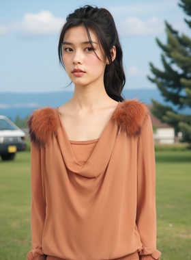 秋季秋装帛逸淑女惊艳军绿色长袖薄款纯色貉子毛两件套上衣